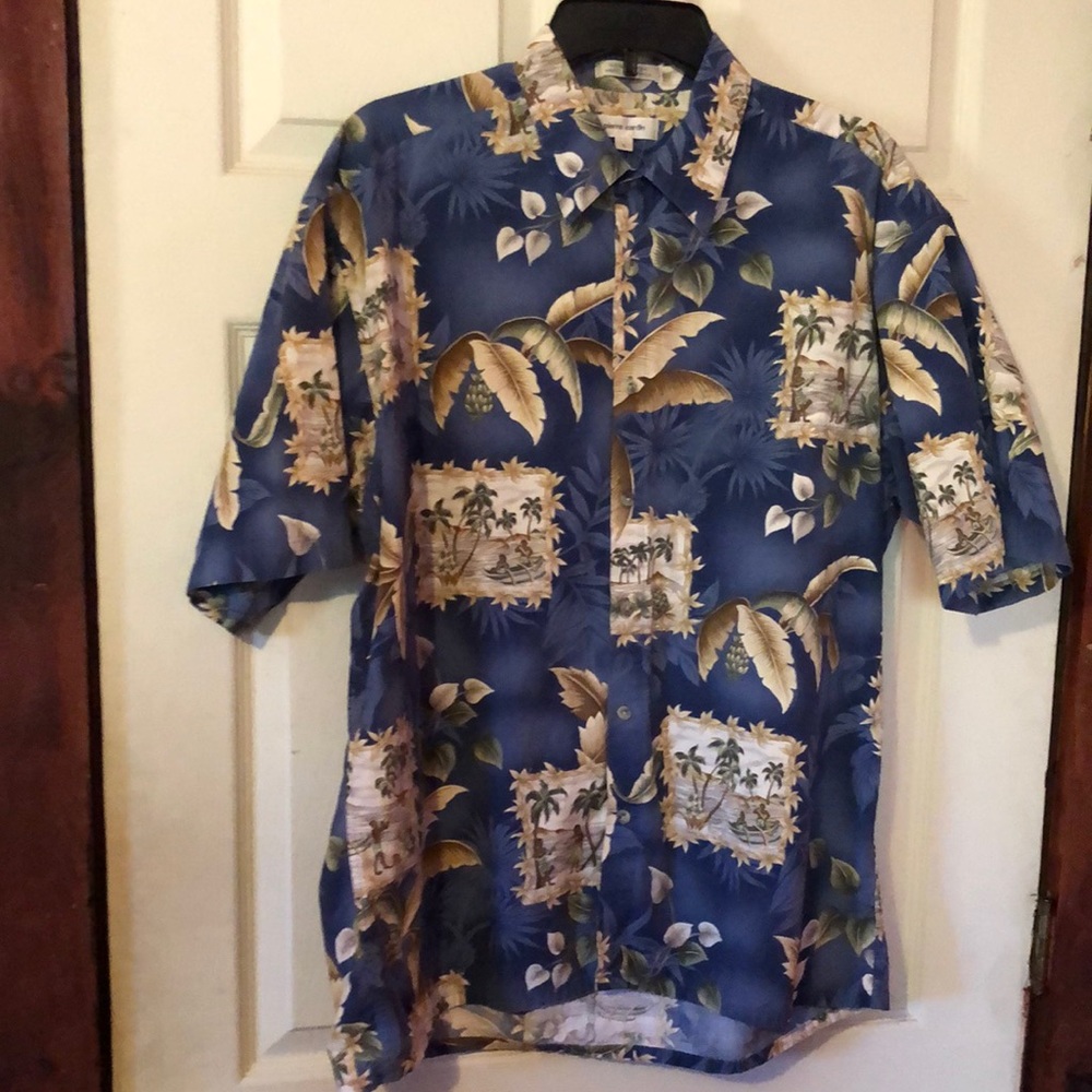 Pierre Cardin Blue Floral Island Pictures Print Hawaiian Shirt Mens Large L